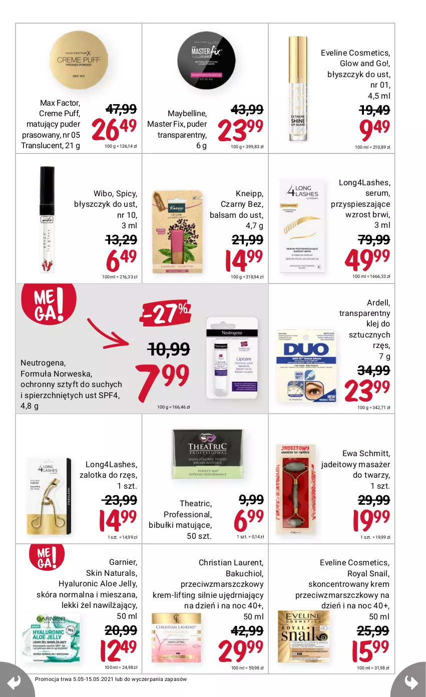 Gazetka promocyjna Rossmann - Maj - ważna 05.05 do 15.05.2021 - strona 3 - produkty: Balsam do ust, Bell, Bibułki, Błyszczyk do ust, Dell, Eveline, Ewa Schmitt, Fa, Garnier, Klej, Kneipp, Krem przeciwzmarszczkowy, Laur, Mars, Masażer, Max Factor, Maybelline, Neutrogena, Puder, Puder prasowany, Puf, Rum, Ser, Serum, Tran, Wibo