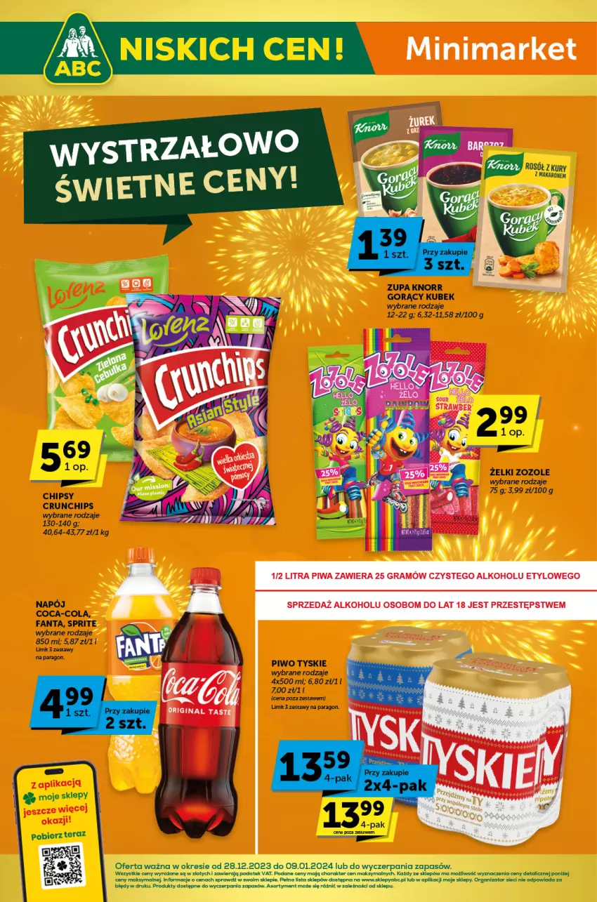 Gazetka promocyjna ABC - ważna 28.12.2023 do 09.01.2024 - strona 1 - produkty: Chipsy, Coca-Cola, Crunchips, Fa, Fanta, Knorr, Kubek, Makaron, Napój, Piwo, Rosół, Sprite, Tera, Tyskie, Zupa