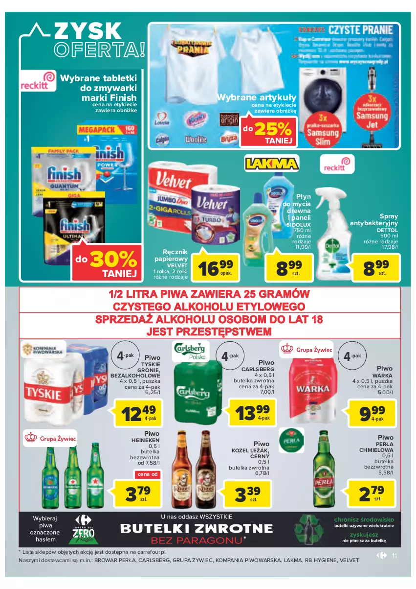 Gazetka promocyjna Carrefour - Gazetka Market - ważna 25.10 do 05.11.2022 - strona 11 - produkty: Carlsberg, Dettol, Finish, Fortuna, Gra, Heineken, Kozel, Papier, Perła, Piwa, Piwo, Płyn do mycia, Ręcznik, Rolki, Sidolux, Tablet, Tabletki do zmywarki, Tyskie, Velvet, Warka, Zmywarki