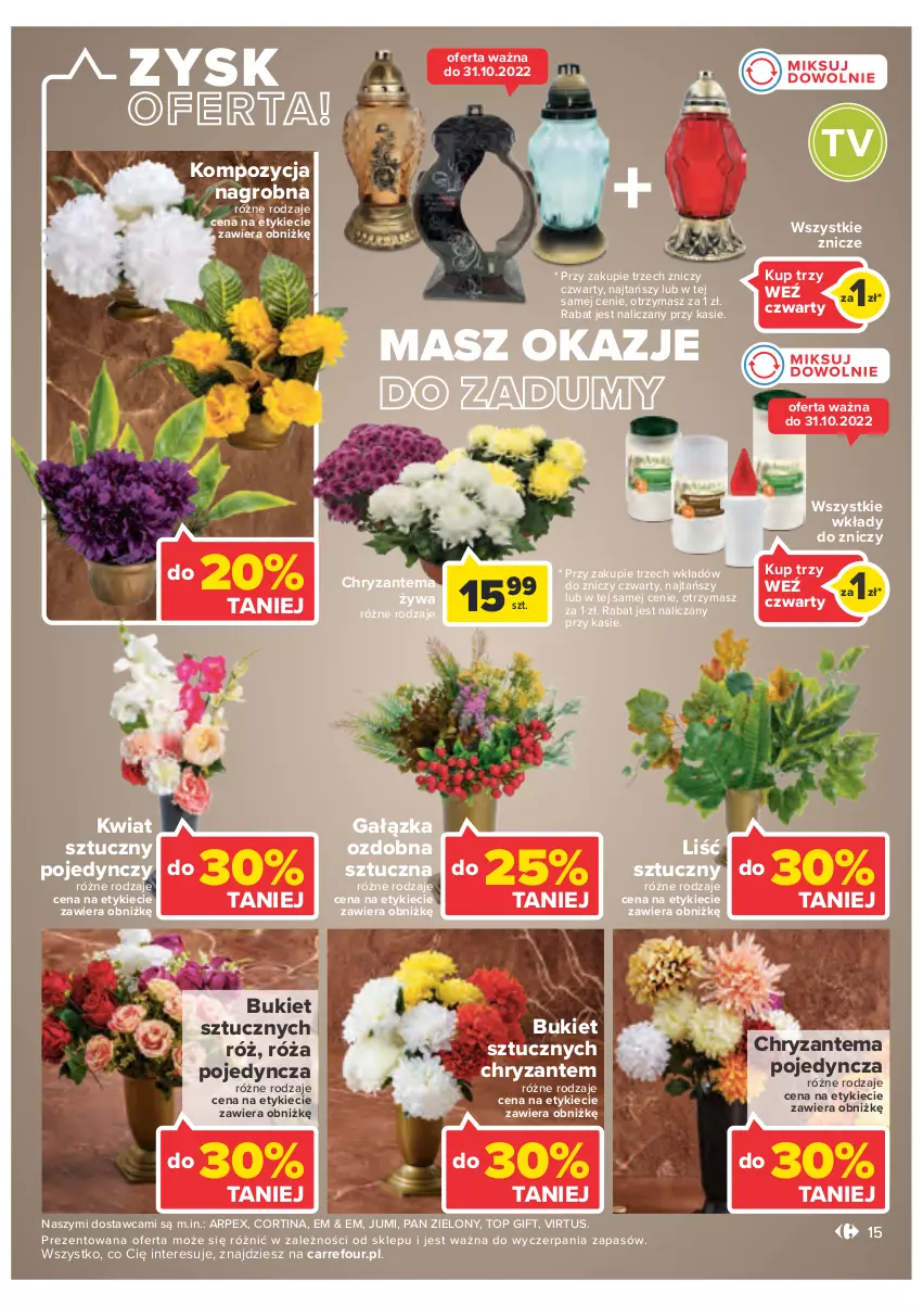 Gazetka promocyjna Carrefour - Gazetka Market - ważna 25.10 do 05.11.2022 - strona 15 - produkty: Bukiet, Chryzantema, Róża, Top, Virtu, Znicz