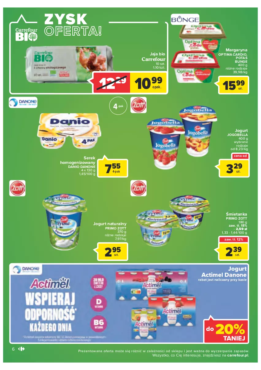 Gazetka promocyjna Carrefour - Gazetka Market - ważna 25.10 do 05.11.2022 - strona 6 - produkty: Actimel, Bell, Bella, Danio, Danone, Jaja, Jogobella, Jogurt, Jogurt naturalny, Margaryna, Optima, Optima Cardio, Ser, Serek, Serek homogenizowany, Zott