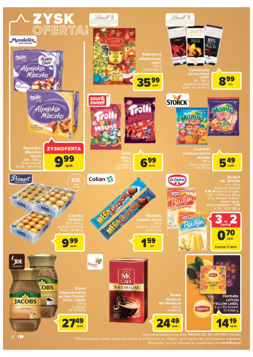 Gazetka promocyjna Carrefour - Gazetka Market - ważna 25.10 do 05.11.2022 - strona 8 - produkty: Budyń, Ciastka, Cukier, Cukierki, Czekolada, Dr. Oetker, Grześki, Herbata, Jacobs, Kalendarz, Kalendarz adwentowy, Kawa, Kawa mielona, Kawa rozpuszczalna, Kosz, Lindt, Lipton, Mamba, Milka, Mleczko, Por, Prima, Wafelek