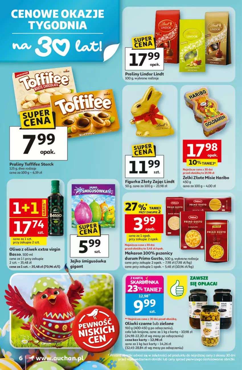 Gazetka promocyjna Auchan - Gazetka 30 Lat Supermarket Auchan - ważna 12.03 do 18.03.2026 - strona 6 - produkty: Clin, Gin, Haribo, Lindor, Lindt, Makaron, Oliwa z oliwek, Oliwki, Oliwki czarne, Praliny, Rum, Toffifee