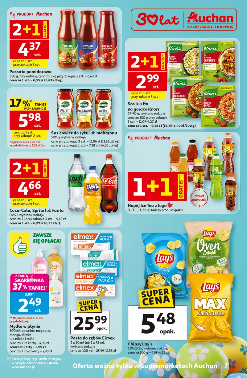 Gazetka promocyjna Auchan - Gazetka 30 Lat Supermarket Auchan - ważna 12.03 do 18.03.2026 - strona 7 - produkty: Chipsy, Coca-Cola, Elmex, Fa, Fanta, Gra, Ice tea, Knorr, Makaron, Mango, Miód, Mleko, Mydło, Mydło w płynie, Napój, Ryż, Sos, Sprite