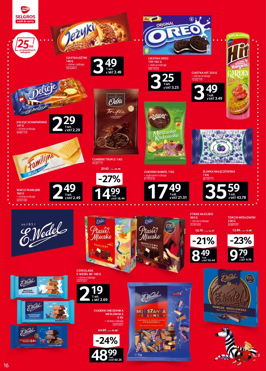 Gazetka promocyjna Selgros - Oferta spożywcza - ważna 02.06 do 14.06.2022 - strona 16 - produkty: Ciastka, Cukier, Cukierki, Czekolada, Delicje, Fa, Jeżyki, Mieszanka wedlowska, Mleczko, Oreo, Ptasie mleczko, Wafle, Wawel