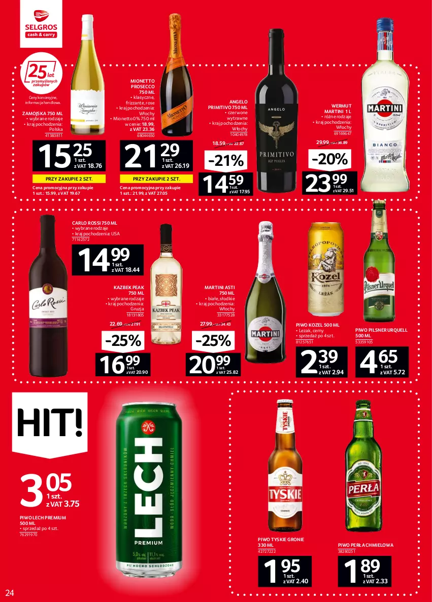 Gazetka promocyjna Selgros - Oferta spożywcza - ważna 02.06 do 14.06.2022 - strona 24 - produkty: Carlo Rossi, Kozel, Lech Premium, Martini, Mionetto, Perła, Pilsner Urquell, Piwo, Prosecco, Tyskie