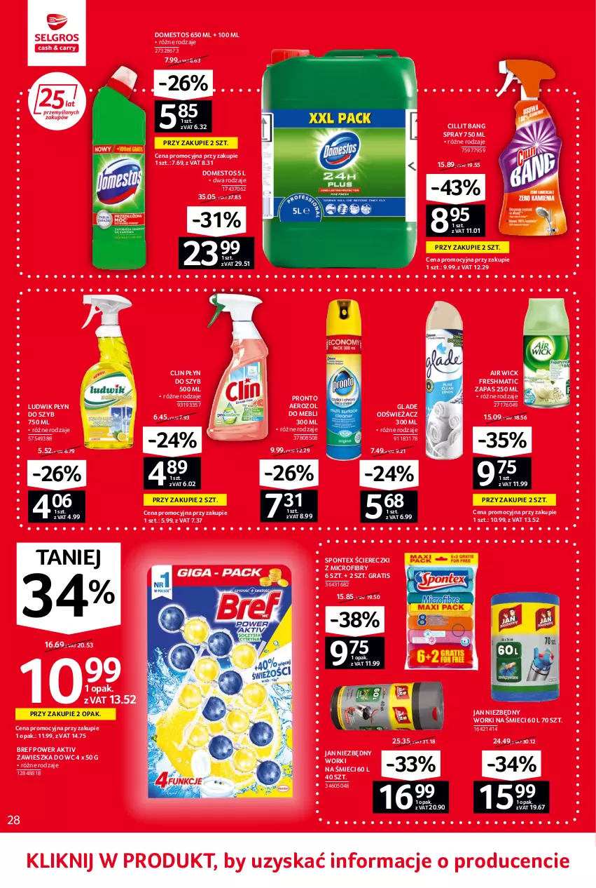 Gazetka promocyjna Selgros - Oferta spożywcza - ważna 02.06 do 14.06.2022 - strona 28 - produkty: Air Wick, Bref, Cillit Bang, Clin, Domestos, Gra, Jan Niezbędny, Ludwik, Płyn do szyb, Pronto, Worki na śmiec, Worki na śmieci, Zawieszka do wc