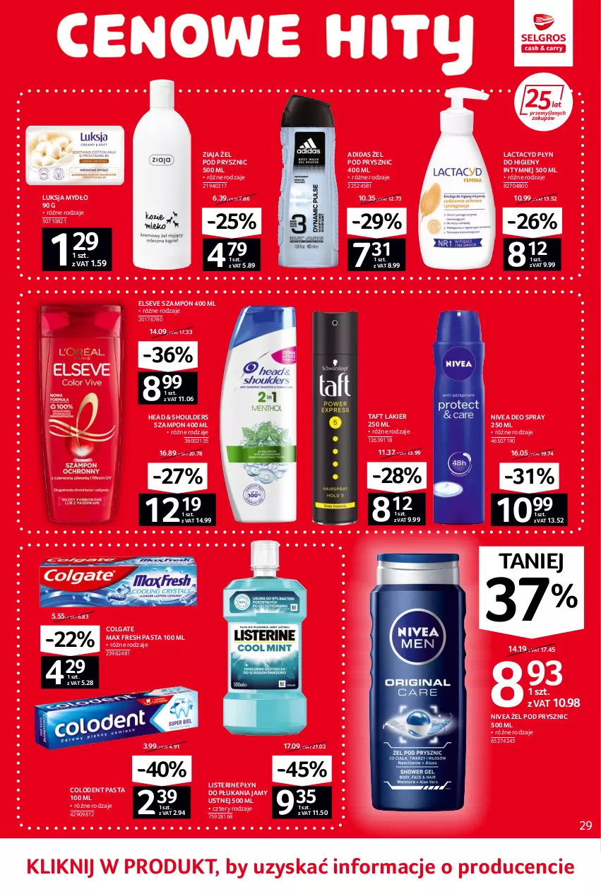 Gazetka promocyjna Selgros - Oferta spożywcza - ważna 02.06 do 14.06.2022 - strona 29 - produkty: Adidas, Colgate, Elseve, Lactacyd, Lakier, LG, Listerine, Luksja, Mydło, Nivea, Płyn do higieny intymnej, Płyn do płukania, Płyn do płukania jamy ustnej, Szampon, Taft, Ziaja