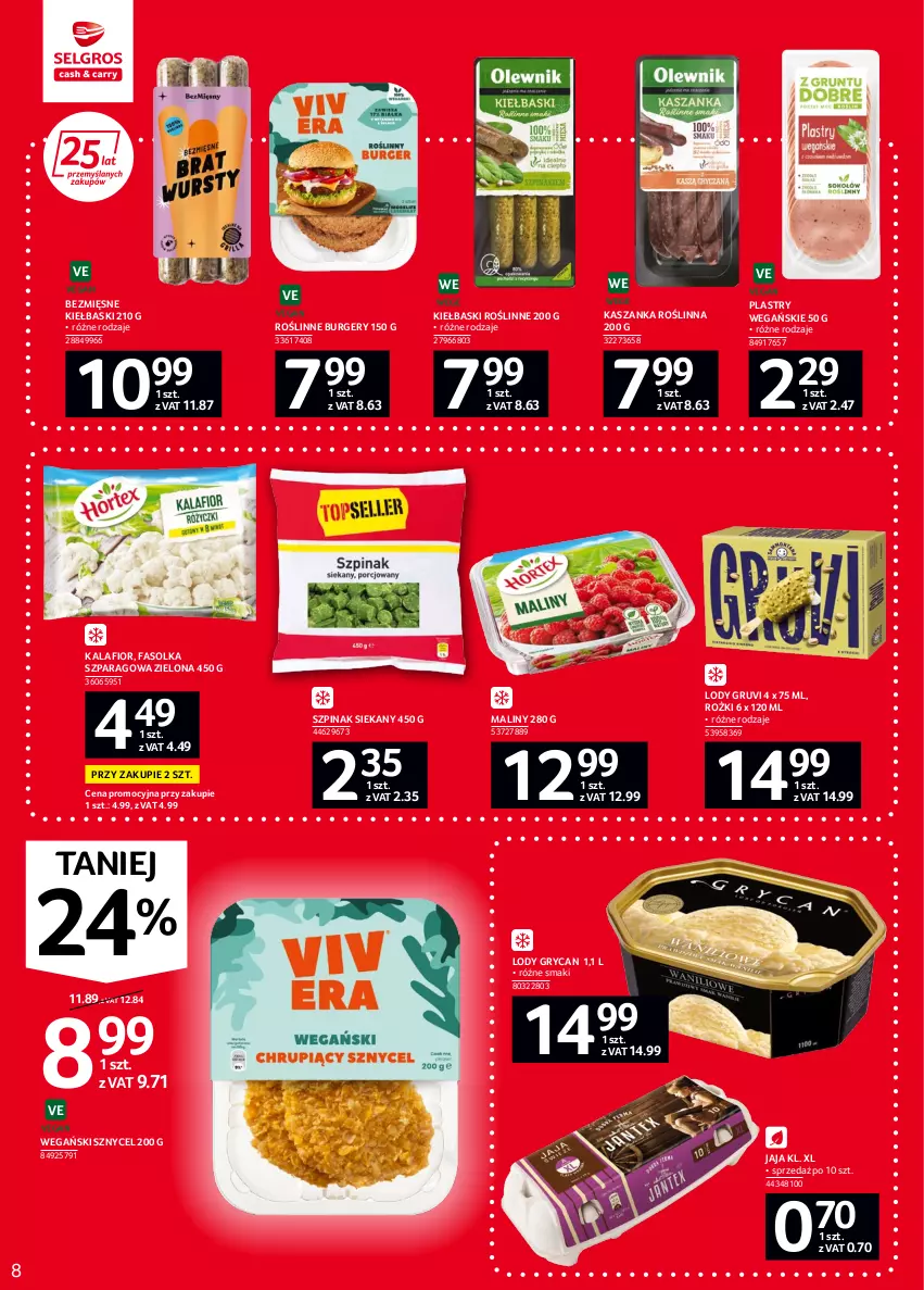 Gazetka promocyjna Selgros - Oferta spożywcza - ważna 02.06 do 14.06.2022 - strona 8 - produkty: Burger, Fa, Gry, Jaja, Kalafior, Kasza, Kaszanka, Lody, Maliny, Szpinak