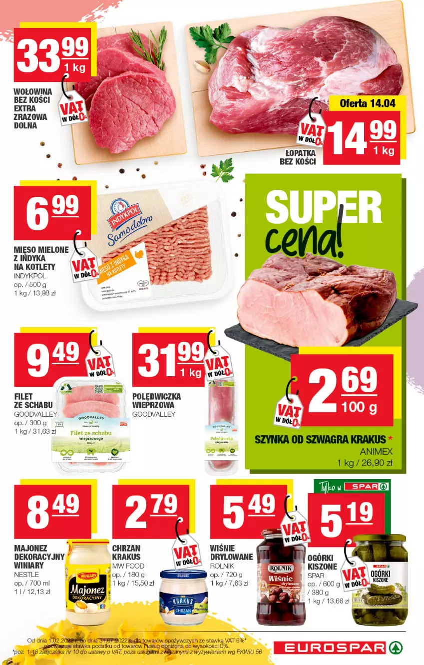 Gazetka promocyjna Spar - EuroSpar - ważna 11.04 do 21.04.2022 - strona 3 - produkty: Chrzan, Kotlet, Krakus, Majonez, Mięso, Mięso mielone, Rolnik, Sok, Winiary, Wołowina