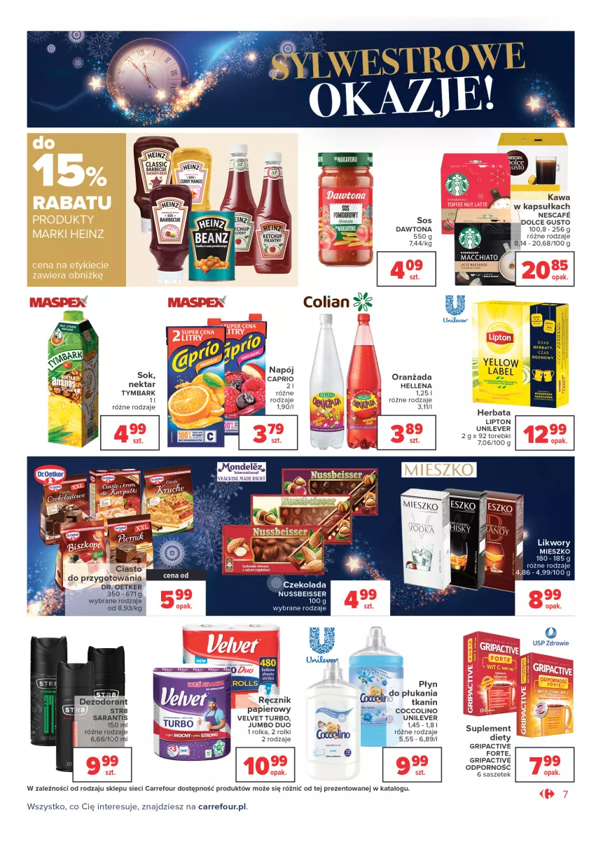 Gazetka promocyjna Carrefour - Gazetka Market Okazje grudnia - ważna 01.12 do 31.12.2021 - strona 7 - produkty: Coccolino, Czekolada, Dawtona, Dezodorant, Dolce Gusto, Dr. Oetker, Hellena, Herbata, Kawa, Ketchup, Lipton, Napój, Nektar, Oranżada, Papier, Por, Ręcznik, Rolki, Ser, Sok, Sos, Str8, Suplement diety, Tymbark, Velvet, Zdrowie