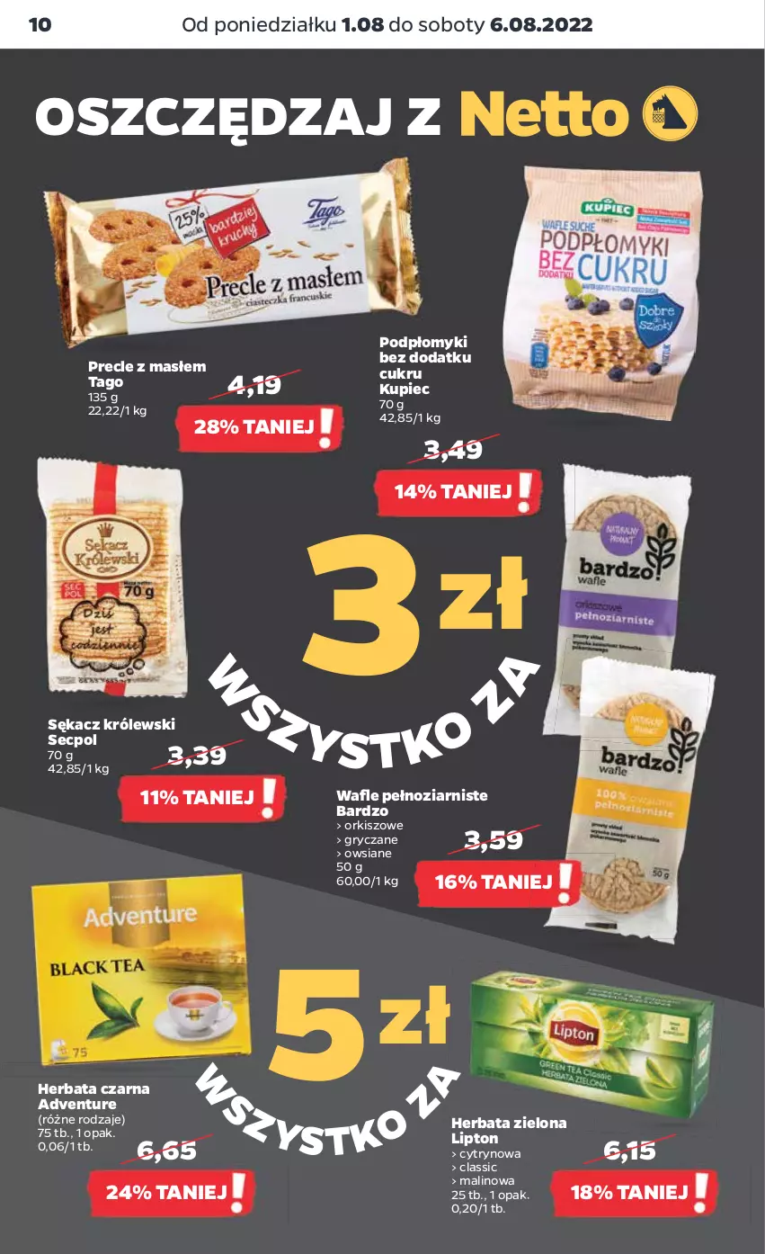 Gazetka promocyjna Netto - Artykuły spożywcze - ważna 01.08 do 06.08.2022 - strona 10 - produkty: Gry, Herbata, Herbata czarna, Królewski, Kupiec, Lipton, Piec, Precle, Sękacz, Tago, Wafle