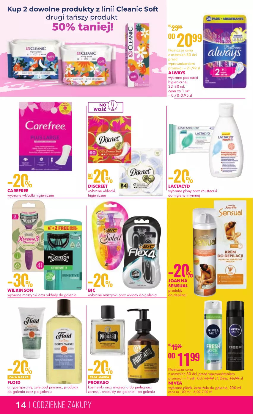 Gazetka promocyjna Super Pharm - Gazetka - ważna 15.06 do 28.06.2023 - strona 14 - produkty: Always, Antyperspirant, BIC, Carefree, Chusteczki, Chusteczki do higieny, Discreet, Joanna, Lactacyd, Nivea, Podpaski, Sensual, Wkładki