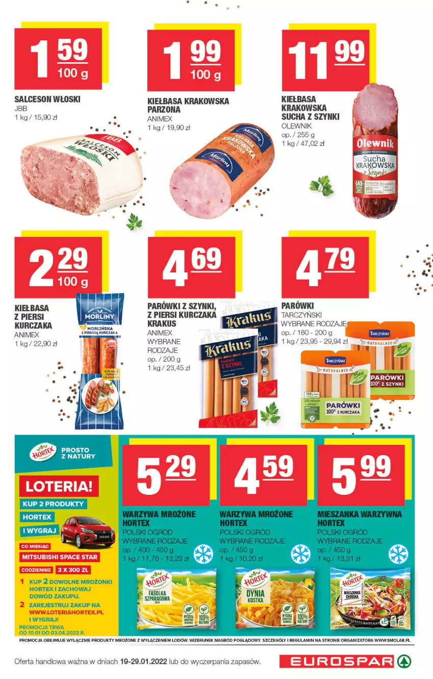 Gazetka promocyjna Spar - EuroSpar - ważna 16.01 do 26.01.2022 - strona 7 - produkty: Gra, Hortex, Kiełbasa, Kiełbasa krakowska, Krakus, Kurczak, Mola, Olewnik, Parówki, Parówki z szynki, Produkty mrożone, Salceson, Tarczyński