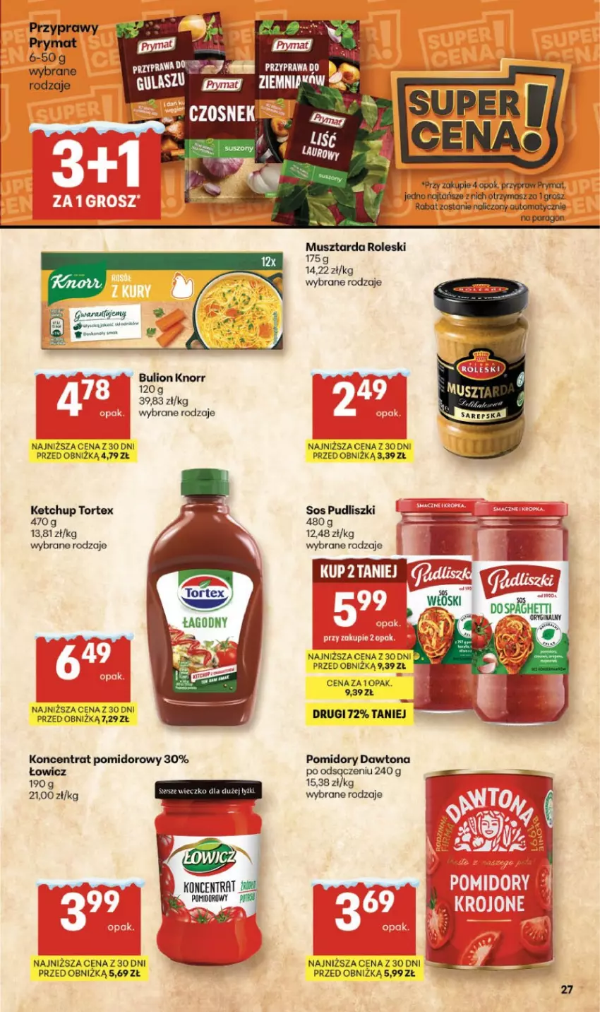 Gazetka promocyjna Delikatesy Centrum - Franczyza DC03 Czwartek - ważna 15.01 do 21.01.2026 - strona 27 - produkty: Bulion, Dawtona, Fa, Ketchup, Knorr, Koncentrat pomidorowy, Lion, Mus, Musztarda, Pomidory, Prymat, Przyprawy, Pudliszki, Sos