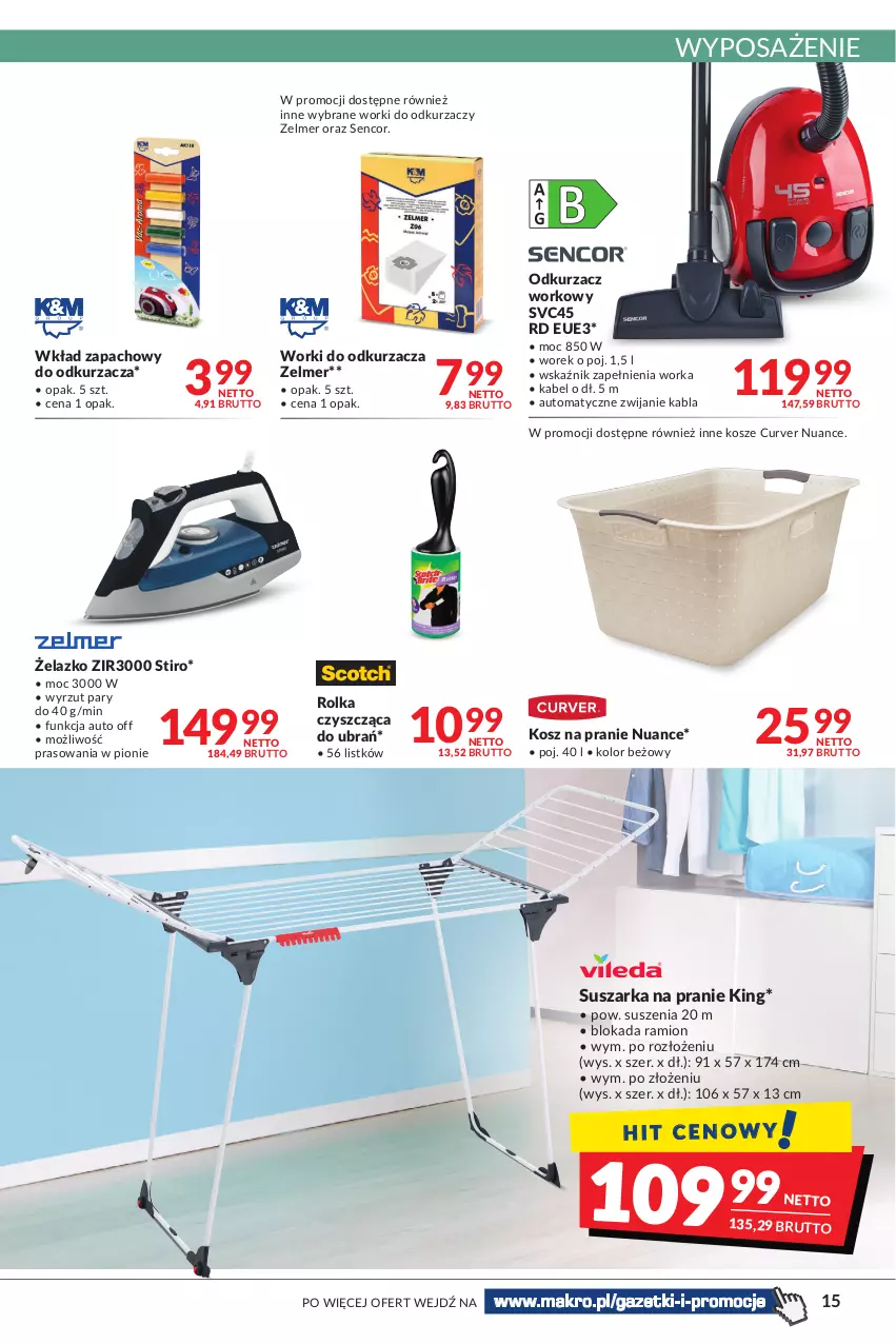 Gazetka promocyjna Makro - [Oferta promocyjna] Artykuły spożywcze i przemysłowe - ważna 08.02 do 21.02.2022 - strona 15 - produkty: Kosz, Odkurzacz, Orka, Sencor, Suszarka, Suszarka na pranie, Zelmer