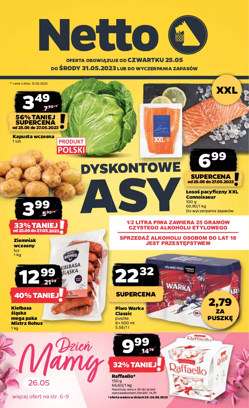 Gazetka promocyjna Netto - Artykuły spożywcze - ważna 25.05 do 31.05.2023 - strona 1 - produkty: Fa, Gra, Kiełbasa, Kiełbasa śląska, Piwa, Piwo, Raffaello, Warka