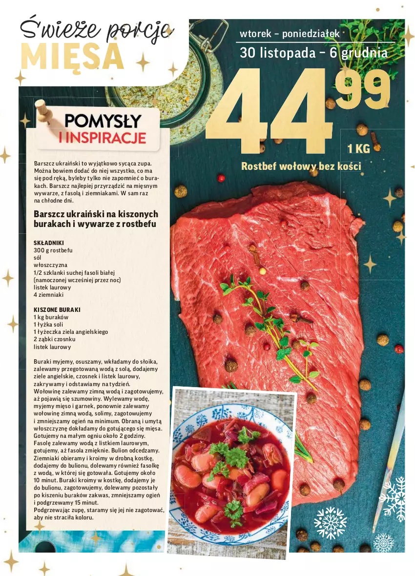 Gazetka promocyjna Intermarche - Gazetka promocyjna - ważna 30.11 do 06.12.2021 - strona 24 - produkty: Bulion, Buraki, Czosnek, Fa, Fasola, Garnek, Lanki, Laur, Lion, Mięso, Rostbef, Sól, Stek, Top, Ziele angielskie, Ziemniaki, Zupa