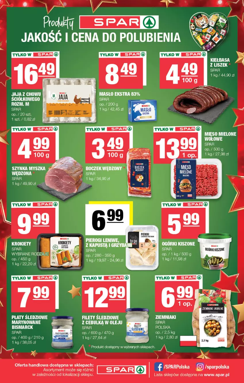 Gazetka promocyjna Spar - Spar - ważna 15.12 do 25.12.2024 - strona 4 - produkty: Boczek, Fa, Jaja, Kiełbasa, Krokiety, Masło, Mięso, Mięso mielone, Mysz, Olej, Płaty śledziowe, Szynka