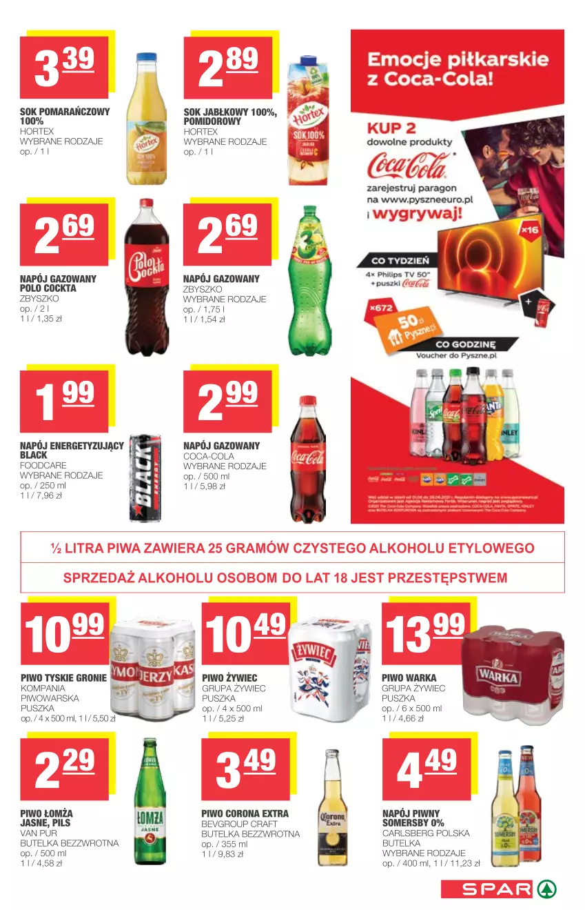 Gazetka promocyjna Spar - Spar - ważna 09.06 do 15.06.2021 - strona 7 - produkty: Carlsberg, Coca-Cola, Hortex, Lack, Napój, Napój gazowany, Piwo, Pur, Sok, Sok jabłkowy, Sok pomarańczowy, Somersby, Tyskie, Warka