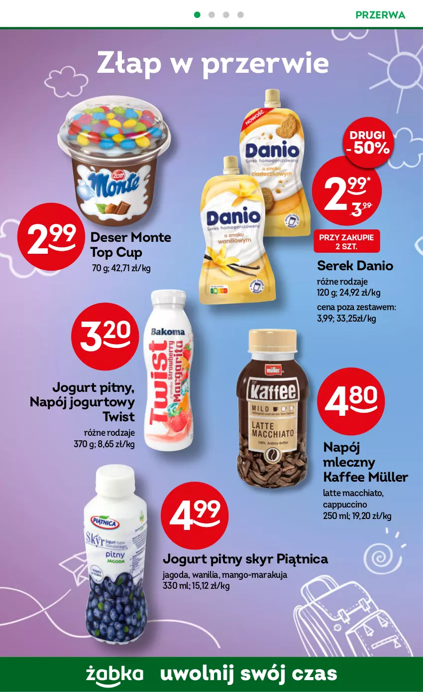 Gazetka promocyjna Żabka - ważna 30.08 do 12.09.2023 - strona 38 - produkty: Cappuccino, Chia, Danio, Deser, Jogurt, Jogurt pitny, Mango, Monte, Müller, Napój, Napój jogurtowy, Napój mleczny, Piątnica, Ser, Serek, Top