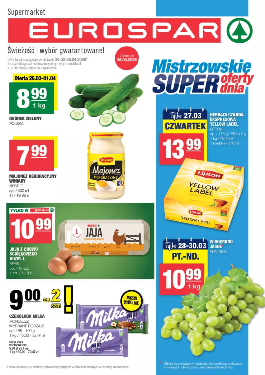 Gazetka promocyjna Spar - EuroSpar - ważna 23.03 do 02.04.2025 - strona 1 - produkty: Czekolada, Herbata, Herbata czarna, Jaja, Majonez, Milka, Ogórek, Torebka, Winiary