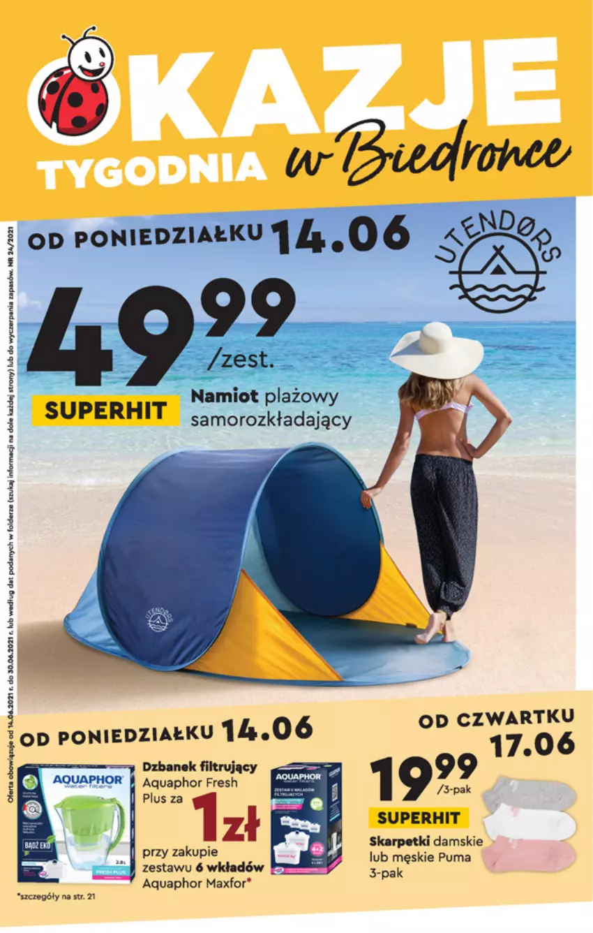 Gazetka promocyjna Biedronka - Okazje tygodnia - ważna 14.06 do 30.06.2021 - strona 1 - produkty: Aquaphor, Dzbanek, Karp, Namiot, Puma, Skarpetki