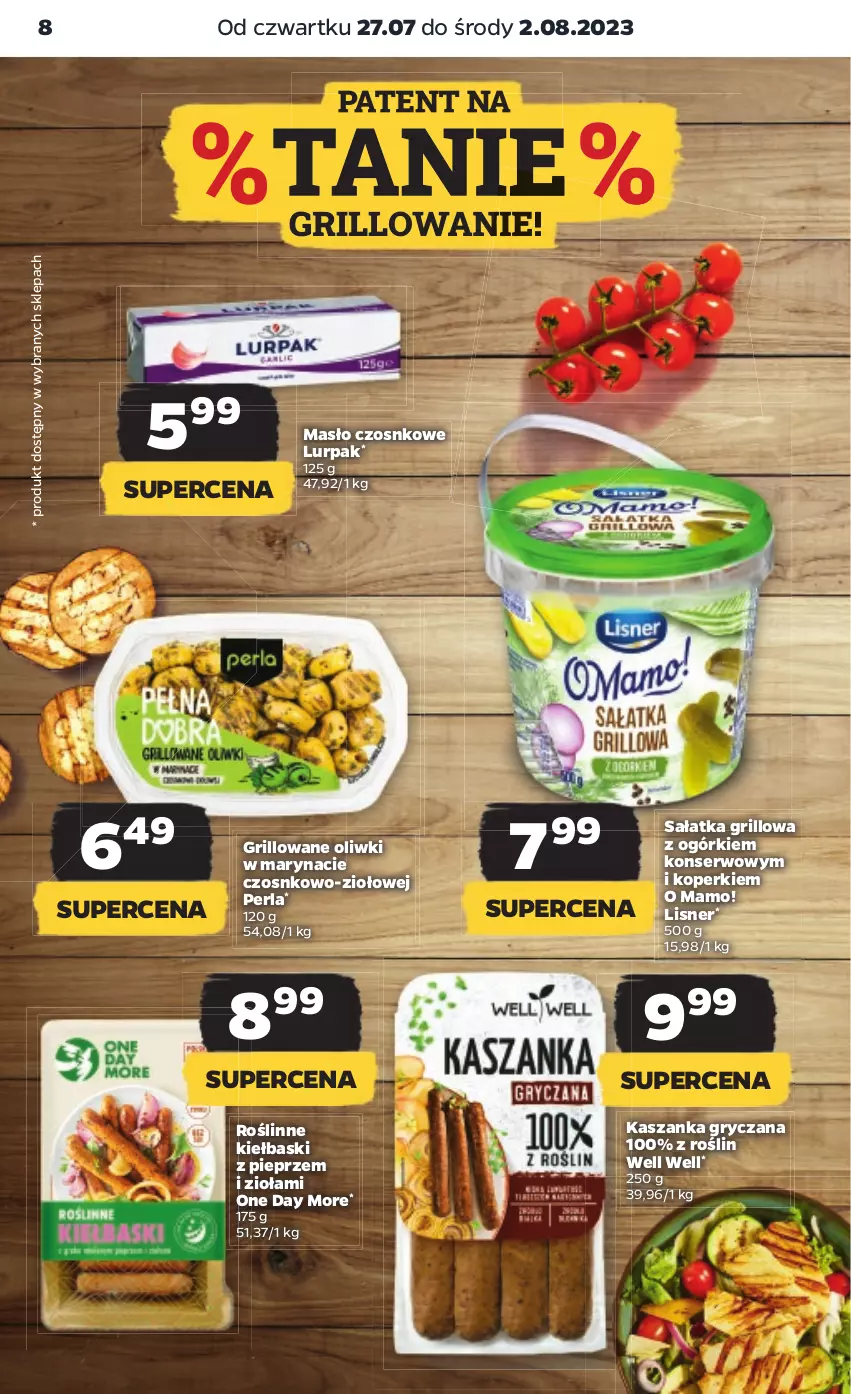 Gazetka promocyjna Netto - Artykuły spożywcze - ważna 27.07 do 02.08.2023 - strona 8 - produkty: Grill, Gry, Kasza, Kaszanka, Lisner, Lurpak, Masło, Oliwki, Pieprz, Roślinne kiełbaski, Sałat, Sałatka, Ser