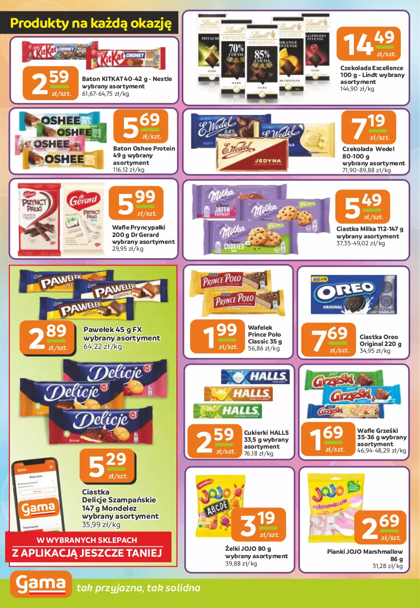 Gazetka promocyjna Gama - Gazetka Gama - ważna 30.10 do 11.11.2025 - strona 4 - produkty: Baton, Ciastka, Cukier, Cukierki, Czekolada, Delicje, Dr Gerard, Gin, Grześki, Halls, Lindt, Mars, Milka, Oreo, Oshee, Prince Polo, Wafelek