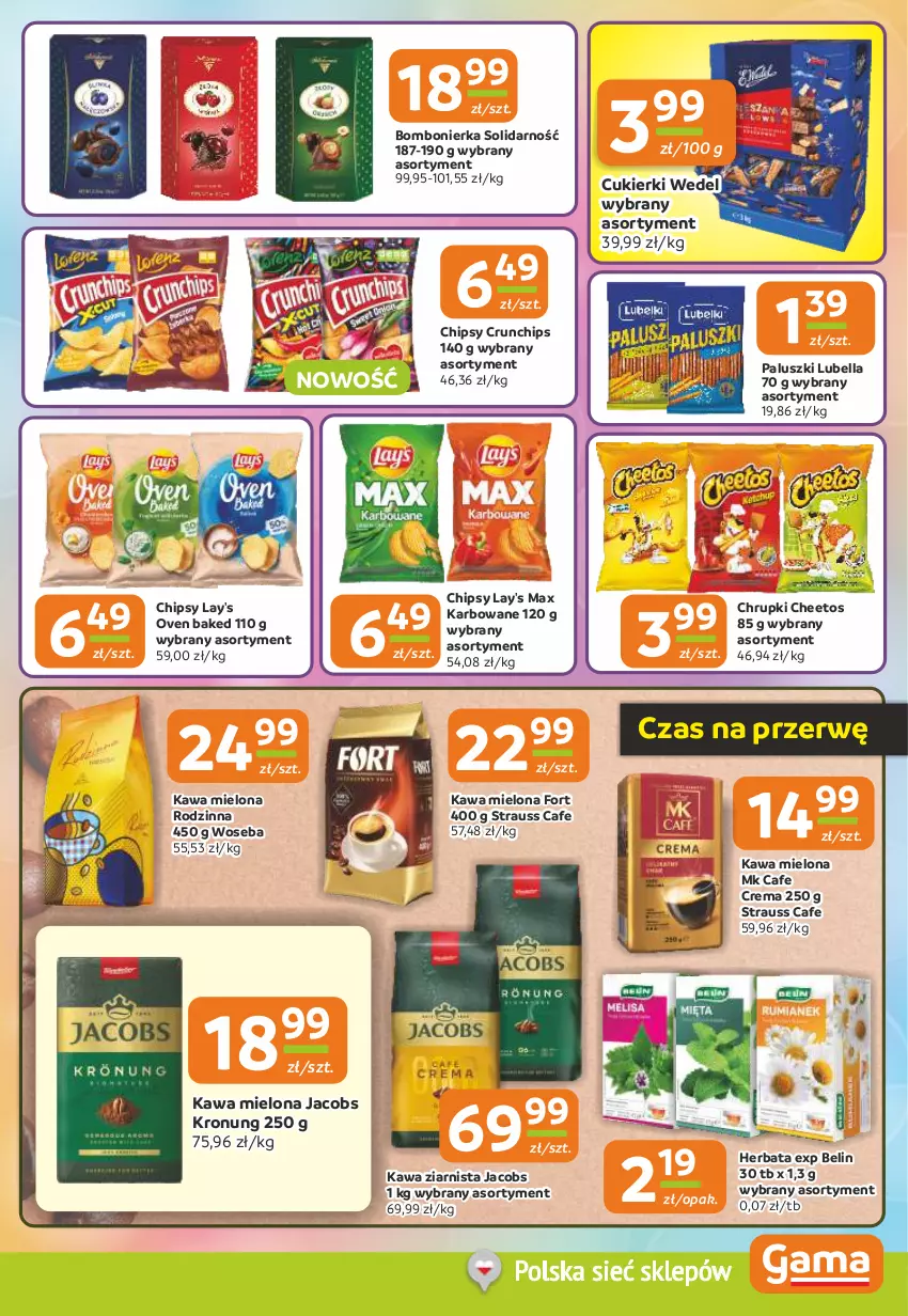 Gazetka promocyjna Gama - Gazetka Gama - ważna 30.10 do 11.11.2025 - strona 5 - produkty: Bell, Bella, Cheetos, Chipsy, Chrupki, Crunchips, Cukier, Cukierki, Herbata, Jacobs, Kawa, Kawa mielona, Kawa ziarnista, Lubella, Woseba