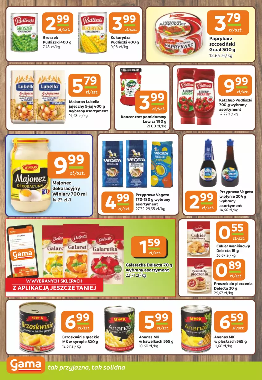 Gazetka promocyjna Gama - Gazetka Gama - ważna 30.10 do 11.11.2025 - strona 8 - produkty: Ananas, Bell, Bella, Brzoskwinie, Cukier, Cukier wanilinowy, Delecta, Gala, Galaretka, Gra, Graal, Groszek, Kawa, Ketchup, Koncentrat pomidorowy, Kukurydza, Lubella, Majonez, Makaron, Papryka, Paprykarz, Paprykarz szczeciński, Piec, Proszek do pieczenia, Pudliszki, Syrop, Vegeta, Winiary