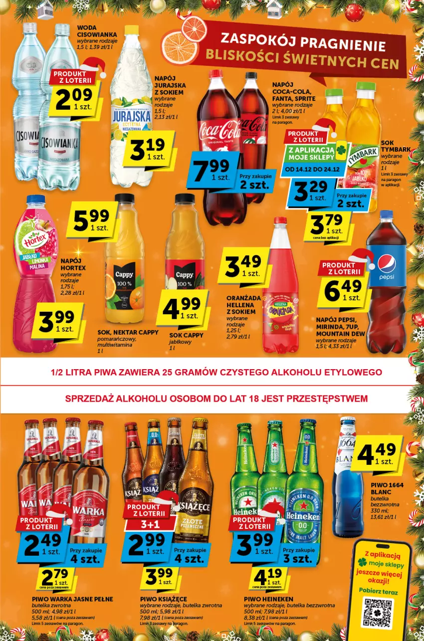 Gazetka promocyjna ABC - ważna 14.12 do 24.12.2023 - strona 7 - produkty: 7up, Cappy, Cisowianka, Coca-Cola, Fa, Fanta, Heineken, Książęce, Mirinda, Napój, Nektar, Pepsi, Piwo, Sok, Sprite, Tera, Warka, Woda