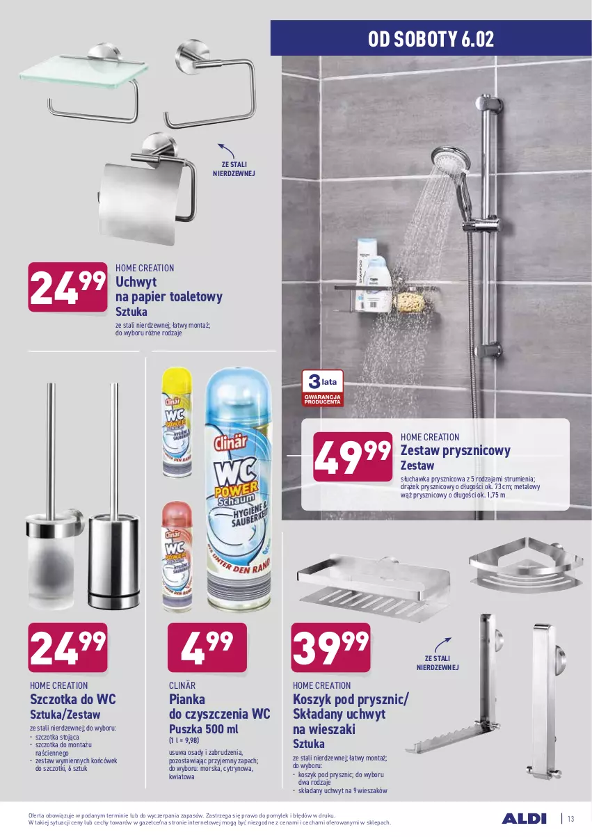 Gazetka promocyjna Aldi - Hity od Środy i Soboty - ważna 03.02 do 06.02.2021 - strona 13 - produkty: Clin, Kosz, Papier, Papier toaletowy, Pianka do czyszczenia, Rum, Słuchawka prysznicowa, Szczotka, Szczotka do WC, Wieszak, Zestaw prysznicowy