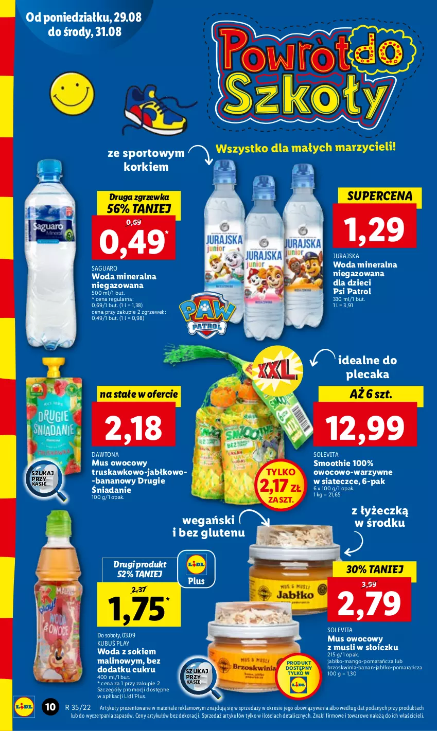 Gazetka promocyjna Lidl - GAZETKA - ważna 29.08 do 31.08.2022 - strona 14 - produkty: Dawtona, Dzieci, Kubuś, Mango, Mus, Plecak, Por, Psi Patrol, Smoothie, Sok, Sport, Woda, Woda mineralna