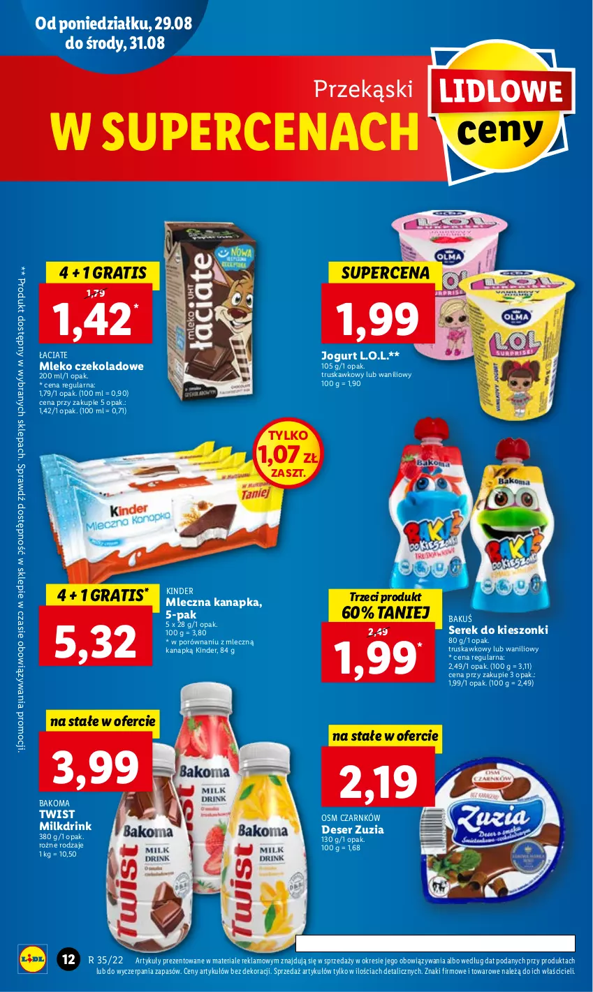 Gazetka promocyjna Lidl - GAZETKA - ważna 29.08 do 31.08.2022 - strona 16 - produkty: Bakoma, Deser, Gra, Jogurt, Kinder, L.O.L., Mleczna kanapka, Mleko, Por, Ser, Serek