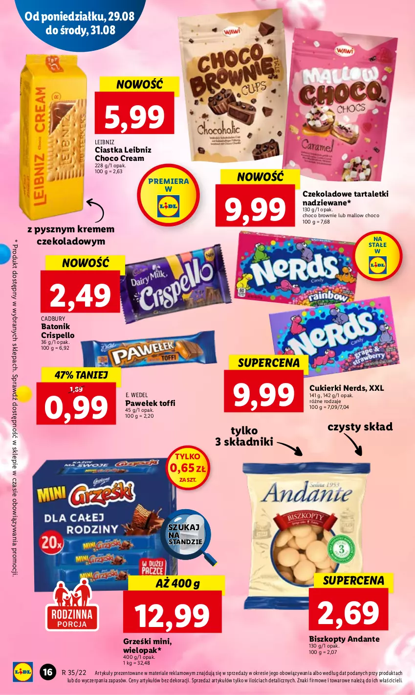 Gazetka promocyjna Lidl - GAZETKA - ważna 29.08 do 31.08.2022 - strona 20 - produkty: Baton, Biszkopty, Brownie, Ciastka, Cukier, Cukierki, E. Wedel, Grześki, Tarta, Tonik