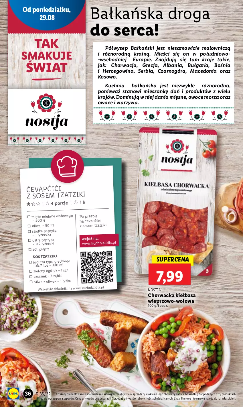 Gazetka promocyjna Lidl - GAZETKA - ważna 29.08 do 31.08.2022 - strona 40 - produkty: Czosnek, Jogurt, Kiełbasa, Kuchnia, Mięso, Mięso mielone, Ogórek, Oliwa z oliwek, Owoce, Owoce morza, Papryka, Pieprz, Pilos, Por, Ser, Sól, Sos, Warzywa