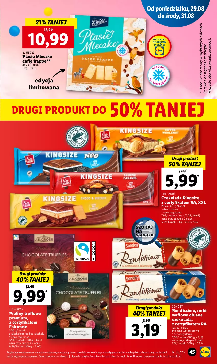 Gazetka promocyjna Lidl - GAZETKA - ważna 29.08 do 31.08.2022 - strona 49 - produkty: Alkohole, Czekolada, Deser, E. Wedel, Fa, Mleczko, Praliny, Ptasie mleczko, Rurki, Ser