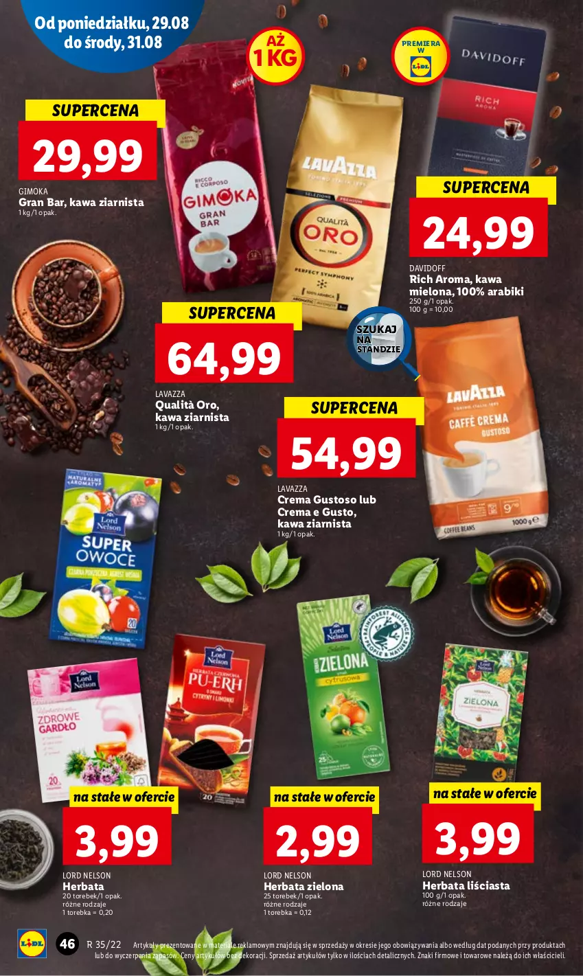 Gazetka promocyjna Lidl - GAZETKA - ważna 29.08 do 31.08.2022 - strona 50 - produkty: Davidoff, Gimoka, Gra, Herbata, Kawa, Kawa mielona, Kawa ziarnista, Lavazza, Torebka