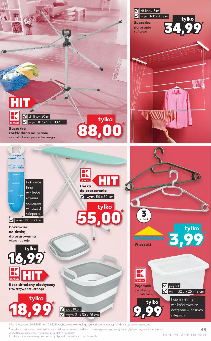 Gazetka promocyjna Kaufland - OFERTA TYGODNIA - ważna 05.08 do 11.08.2021 - strona 43 - produkty: Deska do prasowania, Gra, Kosz, Pojemnik, Pokrowiec, Pokrowiec na deskę, Suszarka, Suszarka na pranie, Wieszak