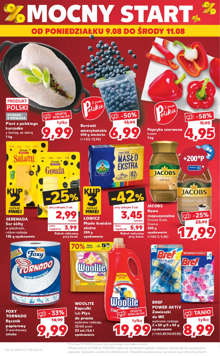 Gazetka promocyjna Kaufland - OFERTA TYGODNIA - ważna 05.08 do 11.08.2021 - strona 56 - produkty: Bref, Foxy, Jacobs, Kawa, Kawa rozpuszczalna, Kurczak, Masło, Papier, Papryka, Papryka czerwona, Płyn do prania, Ręcznik, Ser, Woolite, Zawieszki