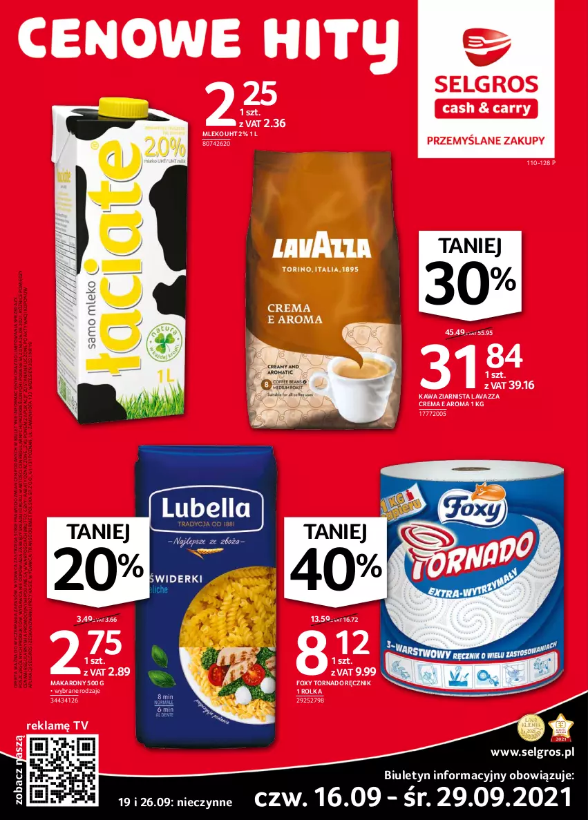 Gazetka promocyjna Selgros - Extra Oferta - ważna 01.09 do 30.09.2021 - strona 1 - produkty: Fa, Foxy, Kawa, Kawa ziarnista, Lavazza, LG, Makaron, Mleko, Ręcznik, Tran