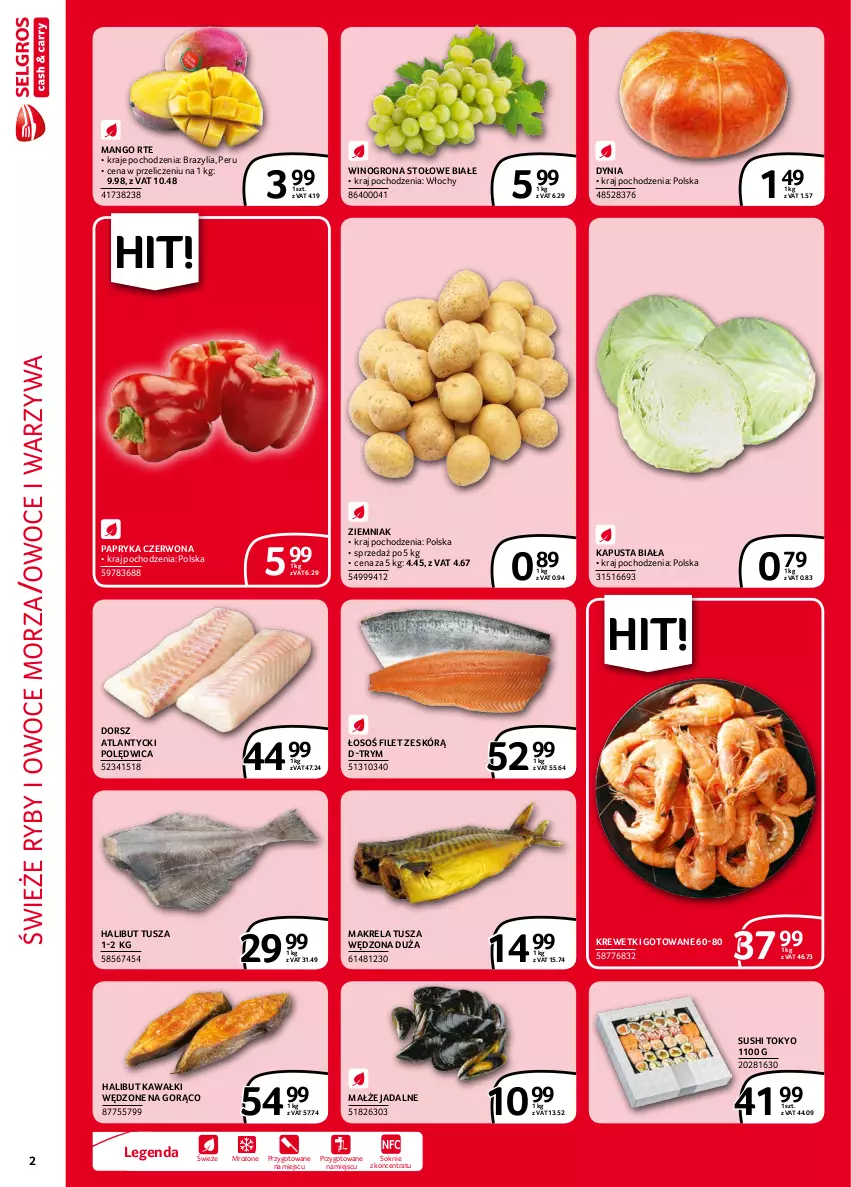 Gazetka promocyjna Selgros - Extra Oferta - ważna 01.09 do 30.09.2021 - strona 2 - produkty: Dorsz, Halibut, Kawa, Krewetki, Małże, Mango, Owoce, Owoce morza, Papryka, Papryka czerwona, Polędwica, Ryby i owoce morza, Sok, Sushi, Tusz, Warzywa, Wino, Winogrona