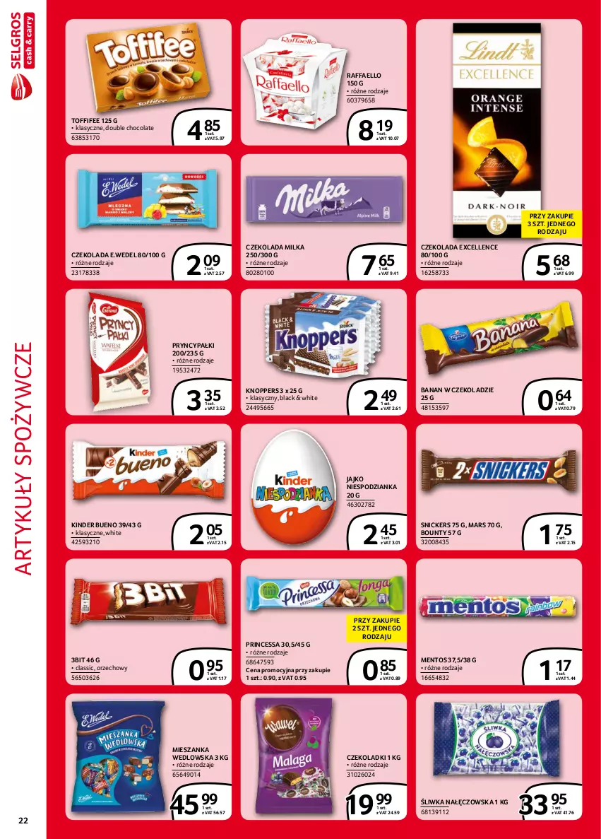 Gazetka promocyjna Selgros - Extra Oferta - ważna 01.09 do 30.09.2021 - strona 22 - produkty: Artykuły spożywcze, Bounty, Czekolada, Fa, Kinder, Kinder Bueno, Knoppers, Lack, Mars, Mentos, Mieszanka wedlowska, Milka, Princessa, Raffaello, Snickers, Toffifee