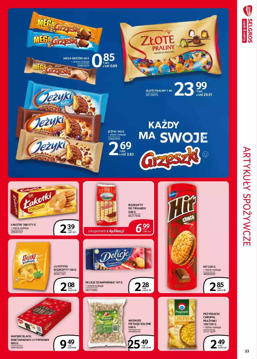 Gazetka promocyjna Selgros - Extra Oferta - ważna 01.09 do 30.09.2021 - strona 23 - produkty: Artykuły spożywcze, Biszkopty, Chrupki, Delicje, Grześki, Jeżyki, Lack, Pistacje, Praliny, Przysnacki