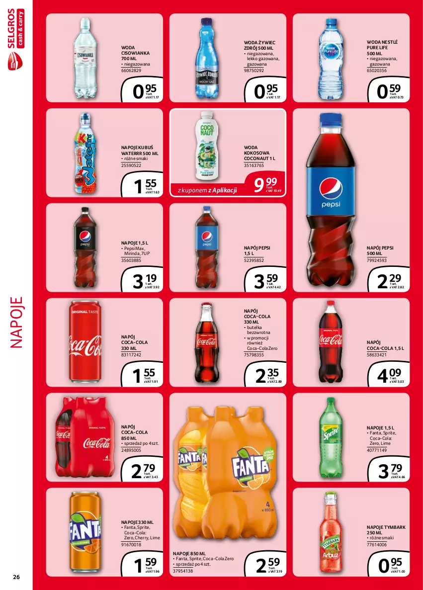 Gazetka promocyjna Selgros - Extra Oferta - ważna 01.09 do 30.09.2021 - strona 26 - produkty: 7up, Cisowianka, Coca-Cola, Fa, Fanta, Kokos, Kubuś, Kubuś Waterrr, Mirinda, Napój, Napoje, Nestlé, Pepsi, Pepsi max, Pur, Sprite, Tymbark, Woda