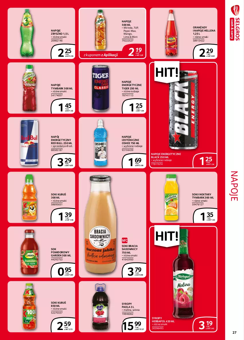 Gazetka promocyjna Selgros - Extra Oferta - ważna 01.09 do 30.09.2021 - strona 27 - produkty: 7up, Hellena, Herbapol, Kubuś, Lack, Mango, Mirinda, Napój, Napój energetyczny, Napoje, Nektar, Oshee, Paola, Pepsi, Red Bull, Sok, Sok pomidorowy, Syrop, Syropy, Tiger, Tymbark