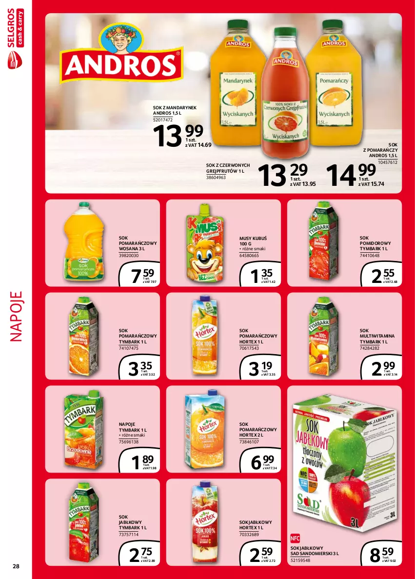 Gazetka promocyjna Selgros - Extra Oferta - ważna 01.09 do 30.09.2021 - strona 28 - produkty: Grejpfrut, Hortex, Kubuś, Mus, Napoje, Sok, Sok jabłkowy, Sok pomarańczowy, Sok pomidorowy, Tymbark, Wosana