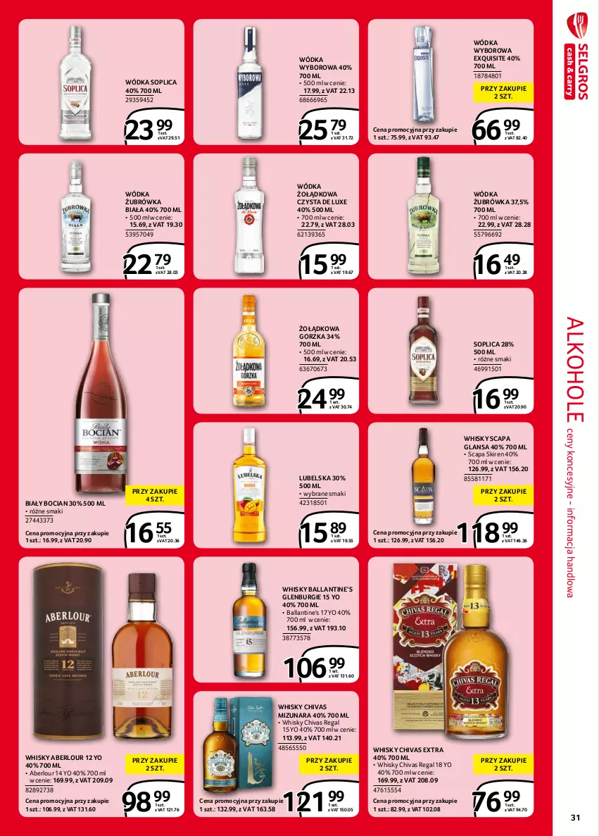 Gazetka promocyjna Selgros - Extra Oferta - ważna 01.09 do 30.09.2021 - strona 31 - produkty: Alkohole, Ballantine's, Biały Bocian, Exquisite, Soplica, Whisky, Wódka, Wyborowa