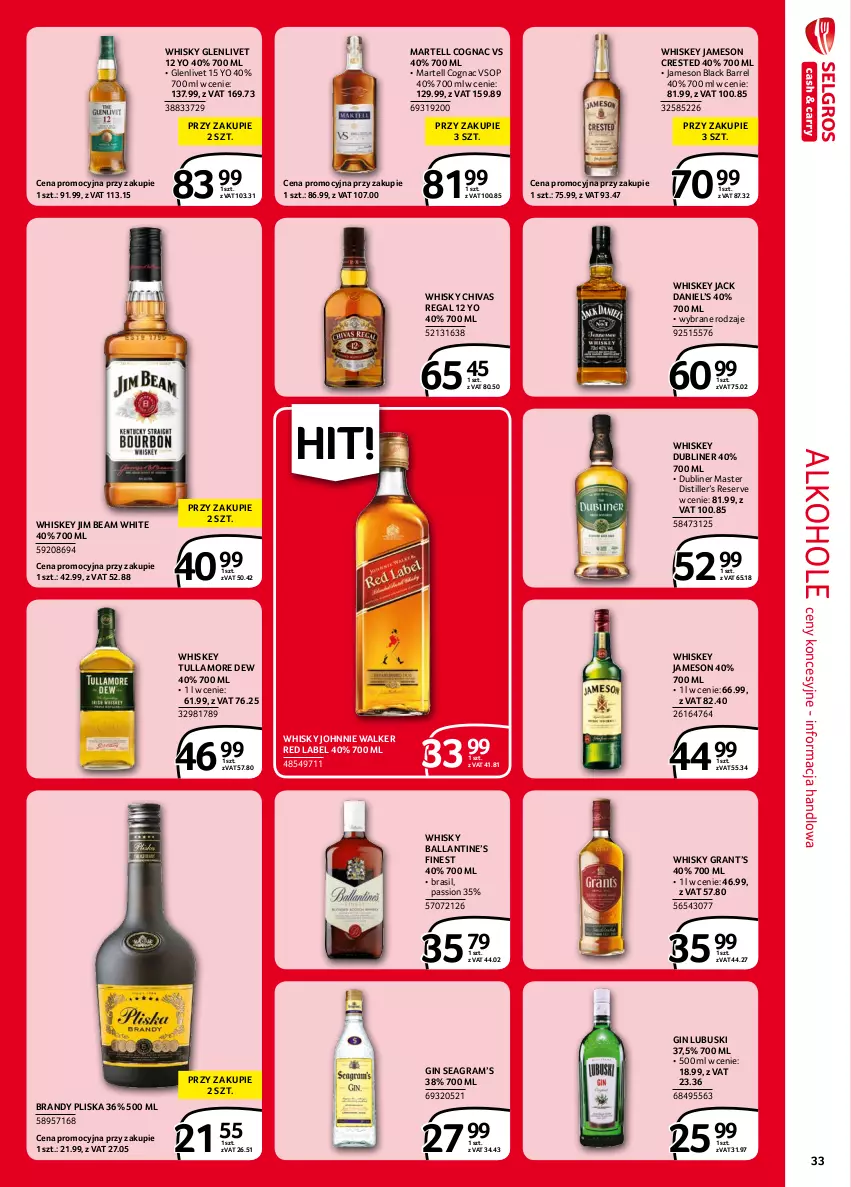 Gazetka promocyjna Selgros - Extra Oferta - ważna 01.09 do 30.09.2021 - strona 33 - produkty: Alkohole, Brandy, Gin, Gra, Jameson, Jim Beam, Johnnie Walker, Lack, Pliska, Ser, Tullamore Dew, Whiskey, Whisky